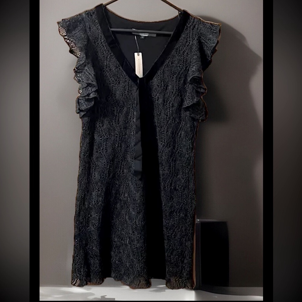 EVA FRANCO Anthropologie Dark Grey Crochet Lined Dress Velvet Tie Ruffle Sleeves